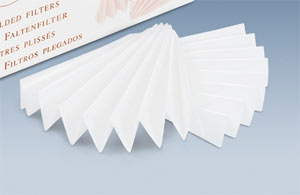 Filterpapier: 1289, Faltenfilter ,  mittelschnell filtrierend, mittelweitporig, Flchengewicht 84g/qm, Filtrationsgeschwindigkeit 20s/10 ml, Typische Porengre 8-12m, VE=100Stck<br>Laborbedarf, Filterpapier, Faltenfilter