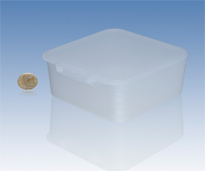 QUADRATISCHE SCHARNIERBOX 100 x 100 x 40mm, aus bruchfestem Polypropylen zum Versand von empfindlichen Teilen, VE=110Stck</p>Laborbedarf,Lagerung,Rechteckdosen
