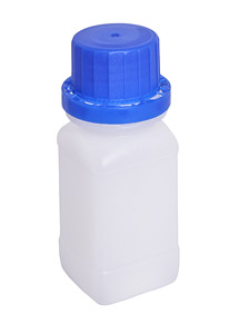 Vierkantflasche Weithals Polyethylen (HD-PE). mit blauem PP-Schraubverschluss mit Originalittsverschlussring, 250ml und 500ml-Flaschen mit UN-Gefahrgutzulassung 3H1 X0 8S<br>Wide-neck bottle, square bottom, HDPE, 500 ml, natural, screw-cap, blue, PP,original closure screw-cap<br>Laborbedarf, Lagerung,Plastikflaschen,Originalittsverschlussring