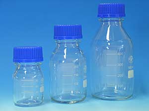 Laborflaschen-Pakete 10 Stck/Pack, Laborflaschen Borosilikatglas 3.3 mit Ausgiering, Schraubverschluss aus PPN (blau) <br>Laborbedarf, Laborflaschen
