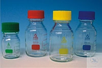 Laborflaschen VE = 10 Stck Borosilikatglas 3.3 mit Ausgiering, Schraubverschluss aus PPN (farbig) GL45, farbig graduiert und codiert <br>Laborbedarf, Laborflaschen