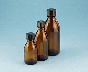 Gewindeflasche Enghals, Enghals-Verpackungsflaschen mit Gewinde und Schraubverschluss,Braunglas<br>Narrow neck bottles with thread and screw cap, amber glass<br>Laborbedarf,Laborglas,Laborflaschen