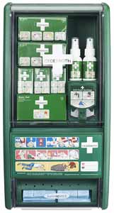 Erste Hilfe Station und Brandwundenstation mit transparenten Staubklappen , Pflasterspender, Brandwundenkompressen<br>First Aid Station with pavement dispenser, burn gel dressing, eye cleansing protection kit<br>Laborbedarf, Arbeitsschutz, Erst Hilfe