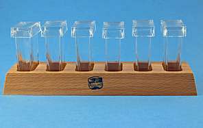 Frbeblock Hartholz mit 6 rechteckigen Frbezylindern 40x20mm</p>Staining stands , wooden, with 6 rectangular staining jars</p>Laborbedarf,Mikroskopie,Frbeblcke