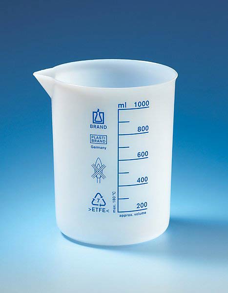 Becher ETFE (Ethylen-Tetrafluorethylen-Copolymer) , Griffinbecher, niedere Form, mit blauer Graduierung            (Laborbedarf Gef��e)