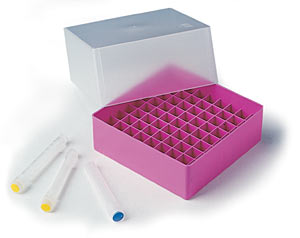 Kryobox B99 GLW� H�he = 90-95 mm mit Raster 9x9 f�r Kryor�hrchen 5 ml, Testr�hrchen 75 x 12 mm