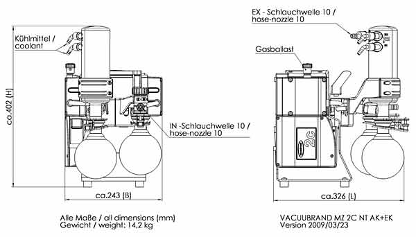 Chemie-Vakuumsystem MZ 2C NT +AK+EK (Abscheider saugseitig (AK),druckseitiger Emissionskondensator (EK)), Max. Saugvermgen bei 50/60 Hz 2.0 / 2.3 m3/h , Endvakuum (abs.)  7 / 5mbar/torr <br>Chemistry vacuum systemMZ 2C NT +AK+EK (separator at the inlet (AK) and vapor condenser at the outlet (EK)), Max. pumping speed at 50/60 Hz 2.0 / 2.3 m3/h, Ultimate vacuum (abs.) 7 / 5  mbar/torr <br>Laborbedarf, Pumpen, Membranpumpen