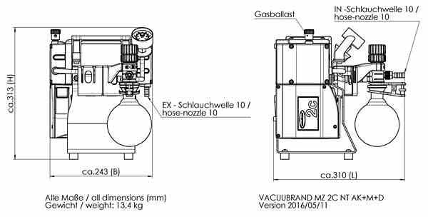 Chemie-Vakuumsystem MZ 2C NT +AK+M+D (Abscheider saugseitig (AK), manuelles Durchflussregelventil,analoges Vakuummanometer), Max. Saugvermgen bei 50/60 Hz 2.0 / 2.3 m3/h , Endvakuum (abs.)  7 / 5mbar/torr <br>Chemistry vacuum systemMZ 2C NT +AK+M+D (separator at the inlet (AK) and analogue vacuum gauge and manual flow control valve), Max. pumping speed at 50/60 Hz 2.0 / 2.3 m3/h, Ultimate vacuum (abs.) 7 / 5  mbar/torr <br>Laborbedarf, Pumpen, Membranpumpen