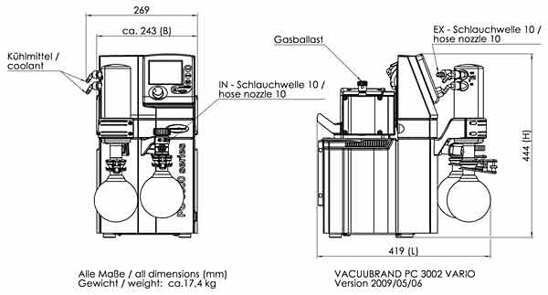Chemie-Pumpstand PC 3002 VARIO, mit Basispumpe MZ2C NT , mit saugseitigem Abscheider ,mit Vacuum controller CVC 3000 und druckseitigem Emissionskondensator, max. Saugvermgen 2.8qm/h, Endvakuum absolut 7/ 5mbar/torr<br>Chemistry pumping unit PC PC 3002 VARIO, with(separator at the inlet,  a CVC 3000 vacuum controller with a solenoid valve for electronic vacuum control and a wast vapor condenser at the outlet, Max. pumping speed at 50/60 Hz  2.8 m3/h, Ultimate vacuum (abs.) 7 / 5mbar/torr <br>Laborbedarf,Vakuumpumpen,Membranpumpen,Pumpstnde
