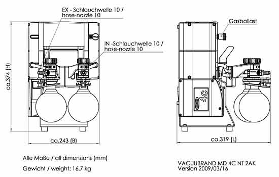 Chemie-Vakuumsystem MD 4C NT +2AK mit saugseitigem Abscheider (AK) und druckseitigem Abscheider (AK), Max. Saugvermgen bei 50/60 Hz 3.4 / 3.8 m3/h ,Endvakuum (abs.) 1.5 / 1.1mbar/torr ,230V , 50/60Hz<br>Chemistry vacuum system MD 4C NT +2AK with separator at the inlet (AK) and seperator at the outlet (AK), Max. pumping speed at 50/60 Hz 3.4 / 3.8 m3/h , Ultimate vacuum (abs.) 1.5 / 1.1 mbar/torr<br>Laborbedarf, Pumpen, Membranpumpen