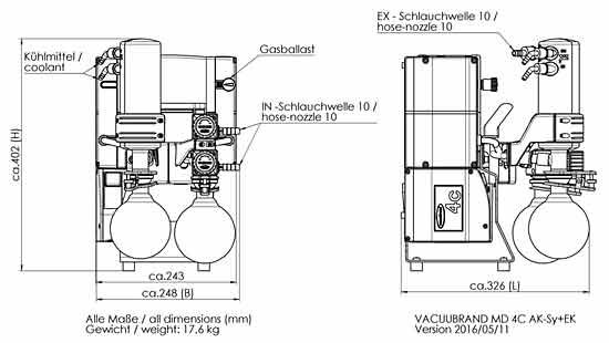 Chemie-Vakuumsystem MD 4C NT +AK SYNCHRO+Ek mit saugseitigem Abscheider und druckseitigem Emissionskondensator, 2 parallele Vakuumanschlssen mit je einem manuellen Durchflussregelventil, Max. Saugvermgen bei 50/60 Hz 3.4 / 3.8m3/h ,Endvakuum (abs.) 1.5 / 1.1mbar/torr<br>Chemistry vacuum system MD 4C NT +AK SYNCHRO+EK,with separator at the inlet (AK) and waste vapor condenser at the outlet (EK) , with two vacuum connections, each  is provided with a manual valve, max. pumping speed at 50/60 Hz 3.4 / 3.8 m3/h , Ultimate vacuum (abs.) 1.5 / 1.1mbar/torr<br>Laborbedarf, Pumpen, Membranpumpen