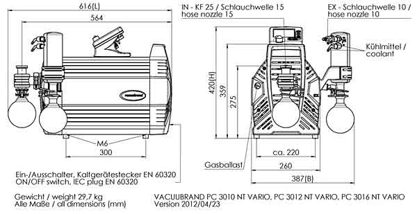 VARIO Chemie-Pumpstand PC 3016 NT VARIO, Max. Saugvermgen 19.3 m3/h, Endvakuum (abs.) 70 / 53 mbar/torr, 200-230 V~ 50-60 Hz  <br>VARIO chemistry pumping unit PC 3016 NT VARIO, Max. pumping speed 19.3 m3/h, Ultimate vacuum (abs.) 70 / 53 mbar/torr <br>Laborbedarf, Pumpen, Membranpumpen