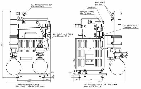 Chemie-Vakuumsystem MZ 2C EX +AK+EK, mit saugseitigem Abscheider (AK) und druckseitigem Emissionskondensator (EK), max. Saugvermgen bei 50/60 Hz 1.9 m3/h ,Endvakuum (abs.) 12 / 9  mbar/torr <br>Chemistry vacuum system MZ 2C EX +AK+EK with separator at the inlet (AK) and waste vapor condenser at the outlet (EK), max. pumping speed at 50/60 Hz  1.9 m3/h , Ultimate vacuum (abs.) 12 / 9 mbar/torr<br>Laborbedarf, Pumpen, Membranpumpen