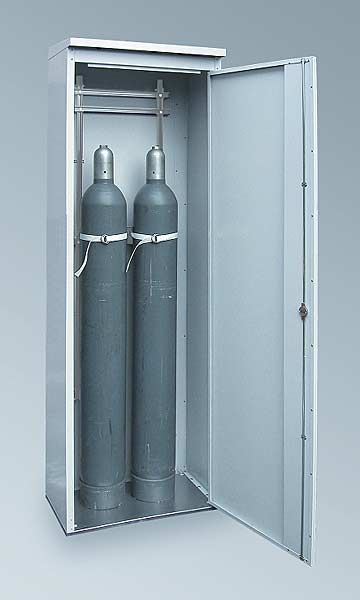 Druckgasflaschenschrank TRG Typ 700 nach TRG-280 zur Lagerung von 2 Stck Druckgasflaschen in und außerhalb von Gebäuden, Breite 700mm, Außenkorpus Lichtgrau RAL 7035, Türen wahlweise mit oder ohne Plexiglasausschnitt<br>Laborbedarf,Sicherheitsschränke,Gasflaschenschränke
