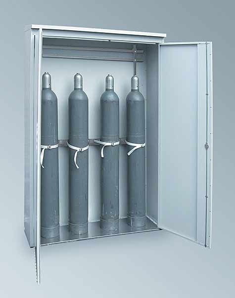Druckgasflaschenschrank TRG Typ 1400 nach TRG-280 zur Lagerung von 4 Stck Druckgasflaschen in und außerhalb von Gebäuden, Breite 1400mm, Außenkorpus Lichtgrau RAL 7035, Türen wahlweise mit oder ohne Plexiglasausschnitt<br>Laborbedarf,Sicherheitsschränke,Gasflaschenschränke