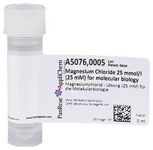 Magnesiumchlorid - Lsung (25 mM) fr die Molekularbiologie, Menge: 5ml</p>Magnesium Chloride 25 mmol/l (25 mM) for molecular biology</p>Laborbedarf,Biochemikalien,Fertiglsungen,Molekularbiologische Reagenzien,Magnesiumchlorid-Lsung
