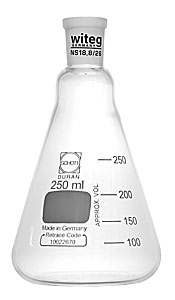 Erlenmeyerkolben 25 ml  mit Schliff NS19/26 Klarglas, Borosilikatglas 3.3 D= 42mm, H= 70mm, DIN12387, Lagerbestand: 15Stck<br>Erlenmeyer flask 25 ml with ground joint NS19 / 26 clear glass, borosilicate glass 3.3 D = 42mm, H = 70mm, DIN12387, stock: 15pcs<br>Laborbedarf, Volumenmessung, Erlenmeyerkolben mit Schliff