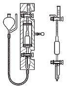 Apparat nach Slyke, mit und ohne Wassermantel, auf Holzstativ montiert, kompl.</p>Van Slyke apparatus, with and without water  jacket, mounted on a wooden board</p>Laborbedarf Glasgerte Volumenmessung Wasser- und Umweltanalytik