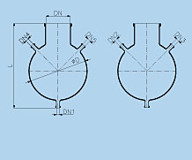 Flask with bottom discharge and necks  ,borosilicate glass 3.3