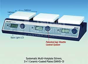 Magnetrhrer SMHS-3 digital mit 3 (Keramik-) Rhrstellen je 140 x 140 mm, max. 380C, je Rhstelle ein Digitales Display, 80-1500 rpm, mit Kontaktthermometeranschluss</p>Multi-Hotplate stirrers SMHS-3,  3 places (3X1), digital feedback controller,   Timer: 99 hr. / 59 min., ceramic plate 140 x 140 mm,   Temp. range max. 350C, stirring capacity: max. 20 Liter,  speed range: 80-1500 rpm</p>Laborbedarf, Magnetrhrer, Probenvorbereitung