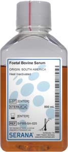 Fetales Klberserum (Herkunft Brasilien), Hitze inaktiviert , 500ml</p>Foetal Bovine Serum, Collected in Brazil,  Heat inactivated, 500ml</p>Zellkulturmedien,fetales Klberserum, aus Sdamerika