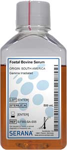 Fetales Klberserum (Herkunft Brasilien), Gammabestrahlt , 500ml</p>Foetal Bovine Serum, Collected in Brazil,  Gamma Irradiated, 500ml</p>Zellkulturmedien,fetales Klberserum, aus Sdamerika