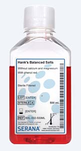 HBSS, Hank's balanced (ausgewogene) Salzlsung, 500ml, steril filtriert, ohne Kalzium und Magnesium, mit Phenolrot</p>HBSS, Hank's Balanced Salt Solution 500ml steril filtered</p>Zellkultur,Zellkulturpuffer,HBSS