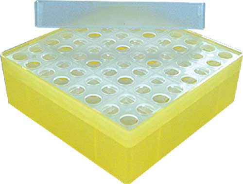 Kryobox B62 GLW� H�he = 52 mm mit 8x8 runden Bohrungen (zwei Eins�tze) f�r Reaktionsgef��e Typ Safe-Lock� 1,5/2,0 ml o.�. Reaktionsgef��e  oder R�hrchen bis � = 11 mm !Supersicher! Wackelfrei!