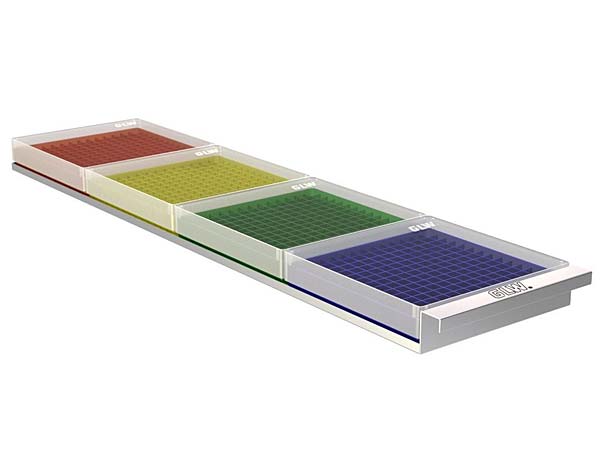 Schubladenlagergestelle, 16 (4x4) Edelstahl fr Tiefkhlschrnke Tiefe 540mm fr Kryo-Boxen 130x130mm Hmax=29mm</p>Freezer Racks 16 (4x4), stainless steel, with drawers for upright freezers deep 540mm, for boxes 130x130x29mm</p>Laborbedarf,Tiekhlschrankzubehr,Schubladengestelle fr Freezer