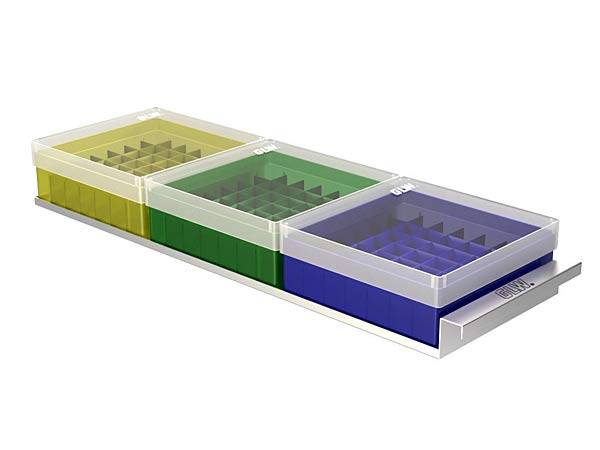 Schubladenlagergestelle,  9 (3x3) Edelstahl fr Tiefkhlschrnke Tiefe 410mm fr Kryo-Boxen 130x130mm Hmax=54mm</p>Freezer Racks  9 (3x3), stainless steel, with drawers for upright freezers deep 410mm, for boxes 130x130x54mm</p>Laborbedarf,Tiekhlschrankzubehr,Schubladengestelle fr Freezer