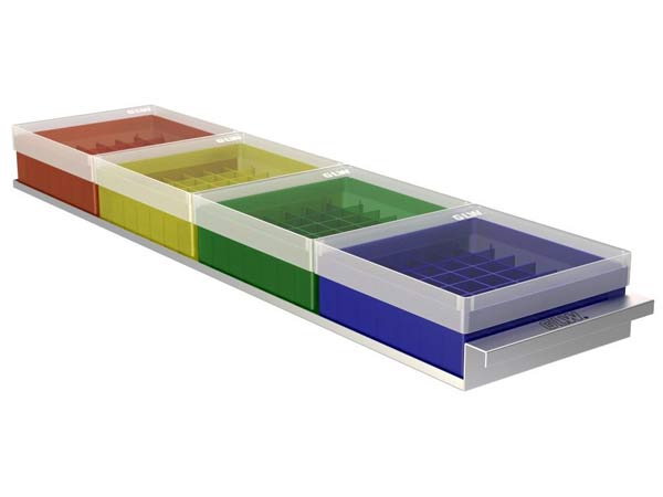 Schubladenlagergestelle,  8 (2x4) Edelstahl fr Tiefkhlschrnke Tiefe 540mm fr Kryo-Boxen 130x130mm Hmax=54mm</p>Freezer Racks  8 (2x4), stainless steel, with drawers for upright freezers deep 540mm, for boxes 130x130x54mm</p>Laborbedarf,Tiekhlschrankzubehr,Schubladengestelle fr Freezer