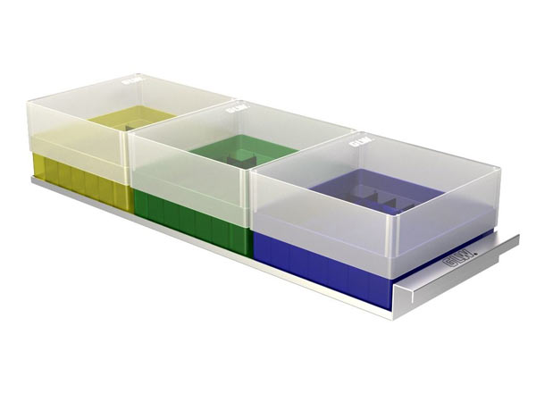 Schubladenlagergestelle,  6 (2x3) Edelstahl fr Tiefkhlschrnke Tiefe 410mm fr Kryo-Boxen 130x130mm Hmax=78mm</p>Freezer Racks  6 (2x3), stainless steel, with drawers for upright freezers deep 410mm, for boxes 130x130x78mm</p>Laborbedarf,Tiekhlschrankzubehr,Schubladengestelle fr Freezer
