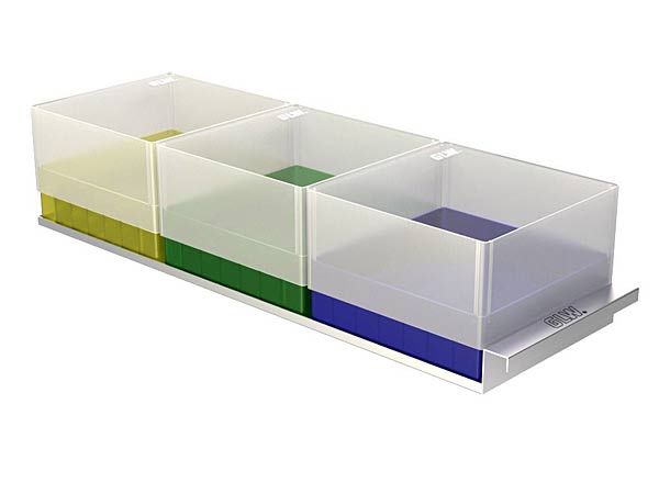 Schubladenlagergestelle,  6 (2x3) Edelstahl fr Tiefkhlschrnke Tiefe 410mm fr Kryo-Boxen 130x130mm Hmax=98mm</p>Freezer Racks  6 (2x3), stainless steel, with drawers for upright freezers deep 410mm, for boxes 130x130x98mm</p>Laborbedarf,Tiekhlschrankzubehr,Schubladengestelle fr Freezer