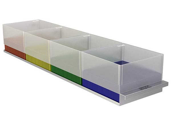 Schubladenlagergestelle,  8 (2x4) Edelstahl f�r Tiefk�hlschr�nke Tiefe 540mm f�r Kryo-Boxen 130x130mm Hmax=98mm</p>Freezer Racks  8 (2x4), stainless steel, with drawers for upright freezers deep 540mm, for boxes 130x130x98mm</p>Laborbedarf,Tiek�hlschrankzubeh�r,Schubladengestelle f�r Freezer