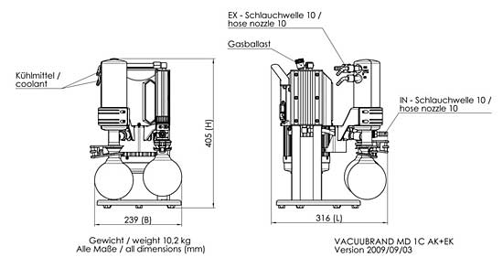 Chemie-Vakuumsystem MD 1C +AK+EK,mit saugseitige Abscheider (AK) und druckseitigem Emissionskondensator (EK), Max. Saugvermgen bei 50/60 Hz 1.3 / 1.5 m3/h ,Endvakuum (abs.) 2 / 1.5mbar/torr, 230V , 50/60Hz <br>Chemistry vacuum system MD 1C +AK+EK,separator at the inlet (AK) and waste vapor condenser at the outlet (EK) , Max. pumping speed at 50/60 Hz 1.3 / 1.5 m3/h , Ultimate vacuum (abs.) 2 / 1.5 mbar/torr<br>Laborbedarf, Pumpen, Membranpumpen