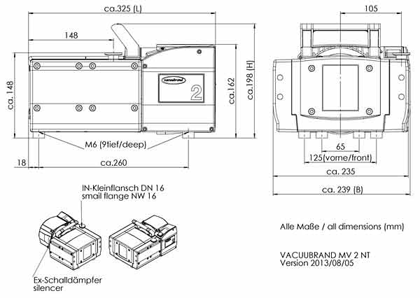 Vierstufige Membranpumpe MV 2 NT , Max. Saugvermgen 2.2 /2.4 m3/h, Endvakuum (abs.) 0.5 mbar/0.4torr <br>Diaphragm pump MV 2 NT,four stage,  Max. pumping speed at 50/60 Hz 2.2/ 2.4 m3/h, Ultimate vacuum (abs.) 0.5 / 0.4 mbar/torr <br>Laborbedarf, Pumpen, Membranpumpen