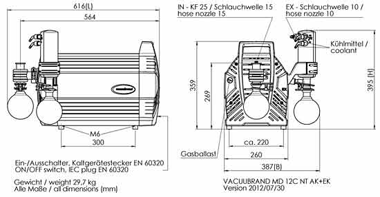 Chemie-Vakuumsystem MD 12C NT +AK+EK  mit saugseitigem Abscheider (AK) und druckseitigem Emissionskondensator (EK), Max. Saugvermgen bei 50/60 Hz 11.1 / 12.3 m3/h ,Endvakuum (abs.) 2 / 1.5mbar/torr ,<br>Chemistry vacuum system MD 12C NT +AK+EK with  inlet separator (AK) and waste vapor condenser at the outlet (EK), Max. pumping speed at 50/60 Hz 11.1 / 12.3 m3/h , Ultimate vacuum (abs.) 2 / 1.5 mbar/torr<br>Laborbedarf, Pumpen, Membranpumpen
