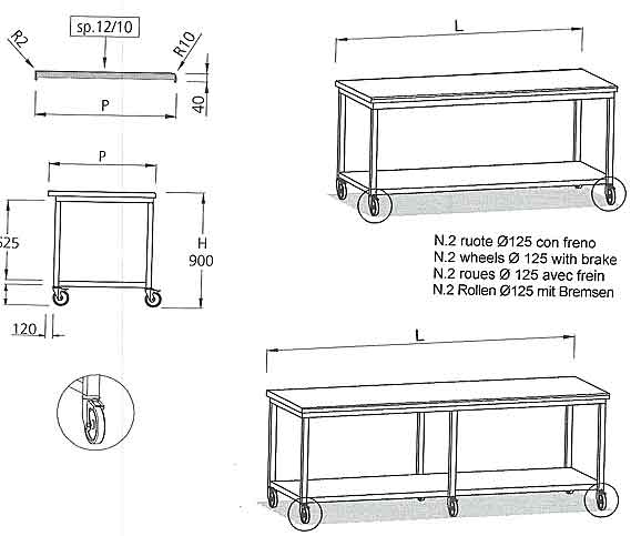 Arbeitstisch Edelstahl AISI 304 18/10 mit Boden, Hhe 900 mm, Tiefe 700 mm mit Rollen, 2 mit Bremsen<br>Work table stainless steel with shelf <br>Laborbedarf,Labormbel,Edelstahlmbel